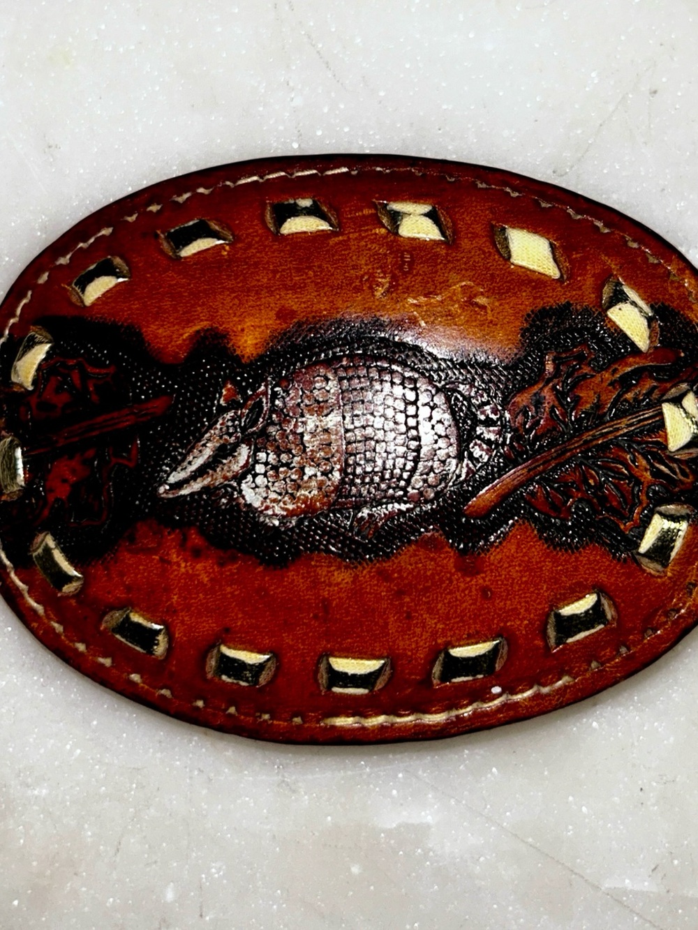 Tony Lama ~ Vintage ~ Brown ~ Armadillo Texas Western Leather Tooled Belt Buckle
